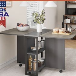 Folding Dining Table with Drop Leaf Storage Shelf for Small Kitchen Space Saving