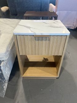 New 18"W Fluted Nightstand with Charging Station, Faux Marble Top