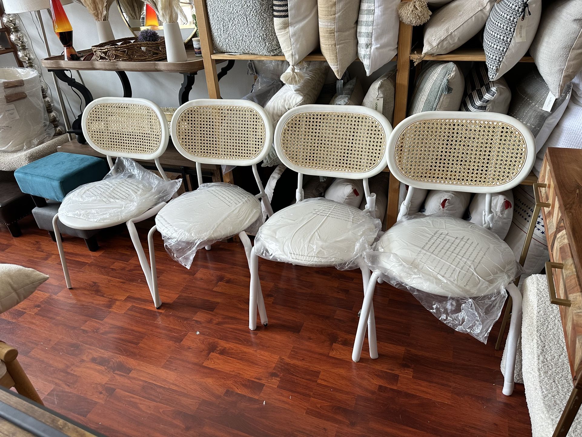 Set Of 4 Cane Rattan Wood Metal Dining Chairs 