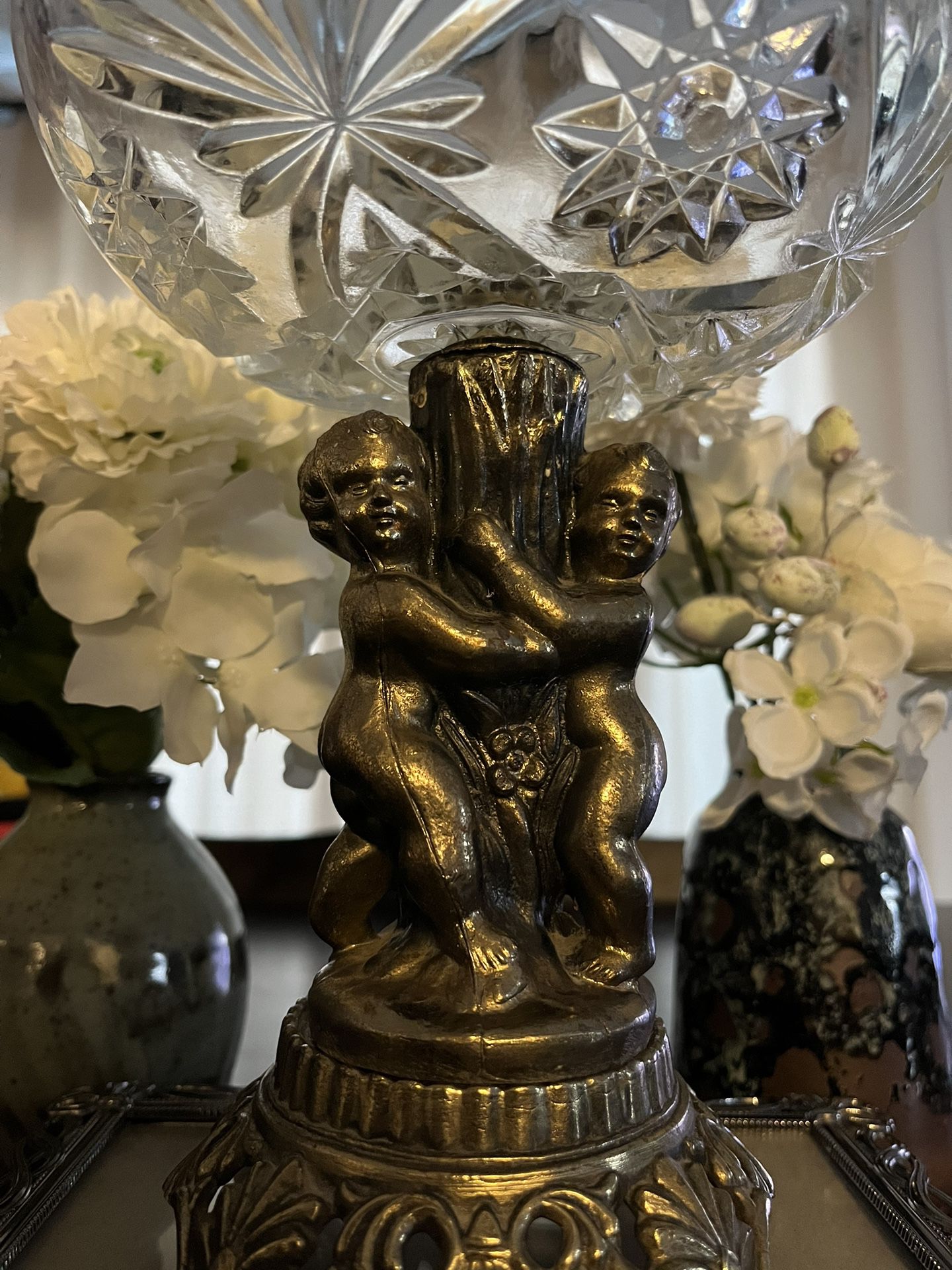 Bronze cherub antique statue with crystal bowl