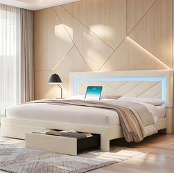 Upholstered King Bed Frame with LED Headboard and Storage Drawer, Velvet Platform Bed Frame King Size with Charging Station, Adjustable Headboard, No 