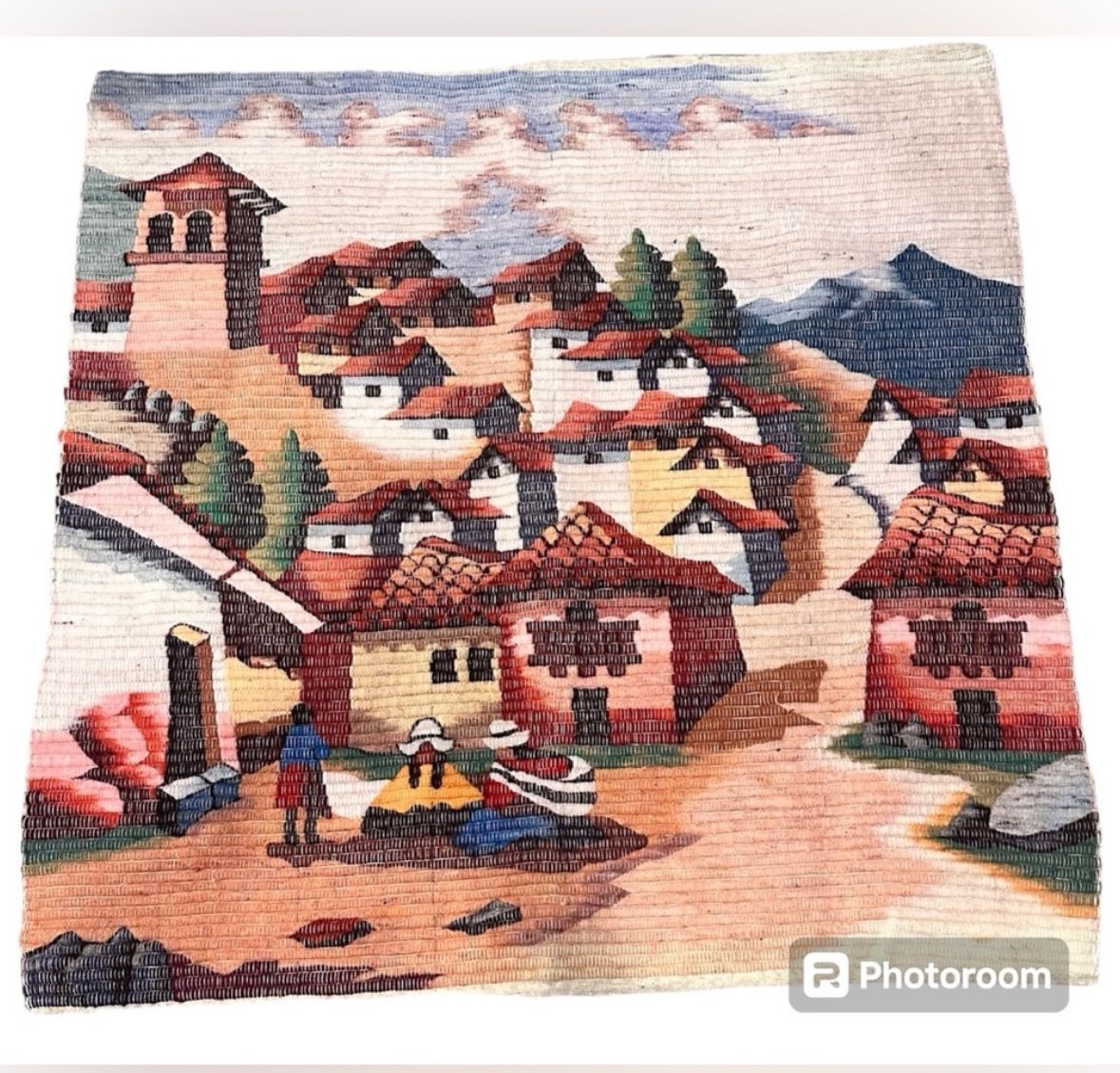 Vintage Peruvian Wool Tapestry Hand Woven Village Scene.
