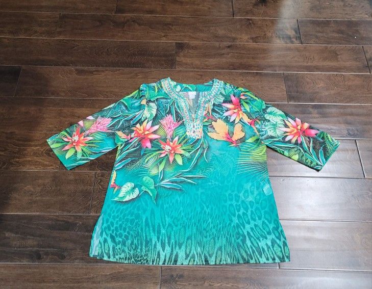 Chicos (Size 3 XL 16/18) Embellished Animal Print Tunic Top Blouse Semi-Shee Excellent Condition PRICE Is Firm Cash Only