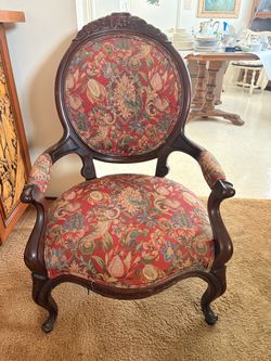 Victorian Carved Walnut Floral Tapestry Armchair