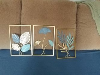 3 Metal Gold, Smoke Blue In Gold Frame Wall Art