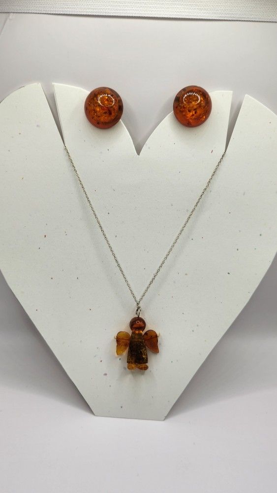 Vintage Genuine Amber Sterling Clip On Earrings And Angel Necklace
