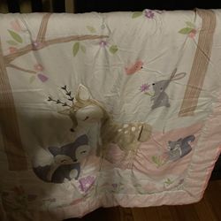  Baby bed, comforter sheets, mobile, and skirt