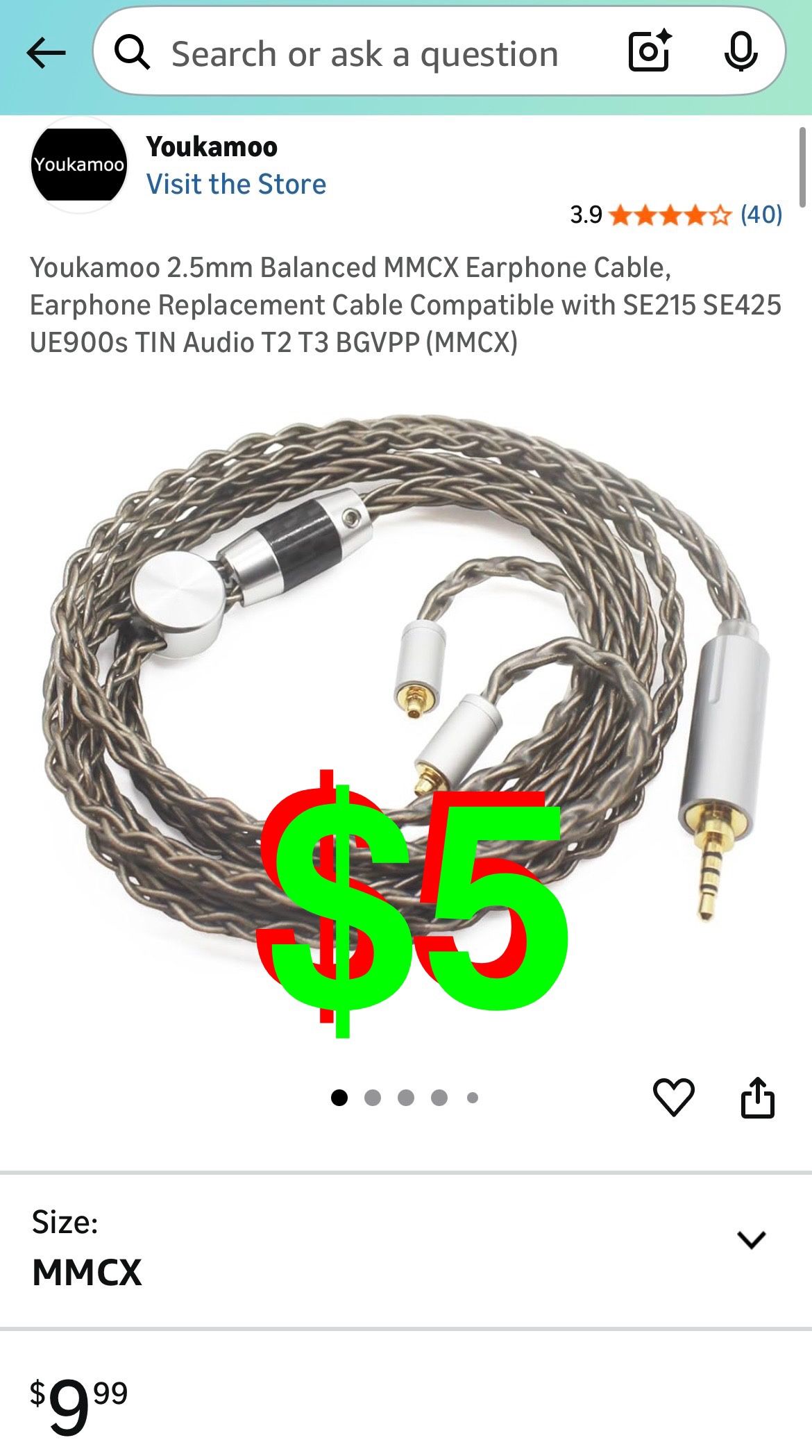 2.5mm Balanced MMCX Earphone Cable, Earphone Replacement Cable Compatible with SE215 SE425 UE900s TIN Audio T2 T3 BGVPP (MMCX)