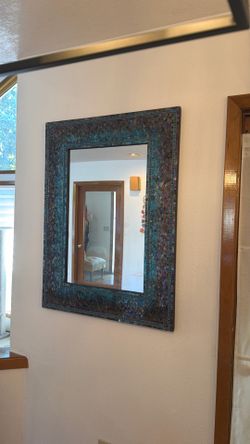 Large 40" x 30" Turquoise Mosaic Shell Wall Mirror - Excellent Condition