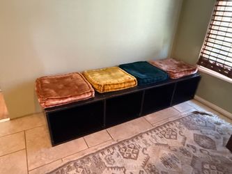 Wood storage bench shelf with Urban Outfitters cushions