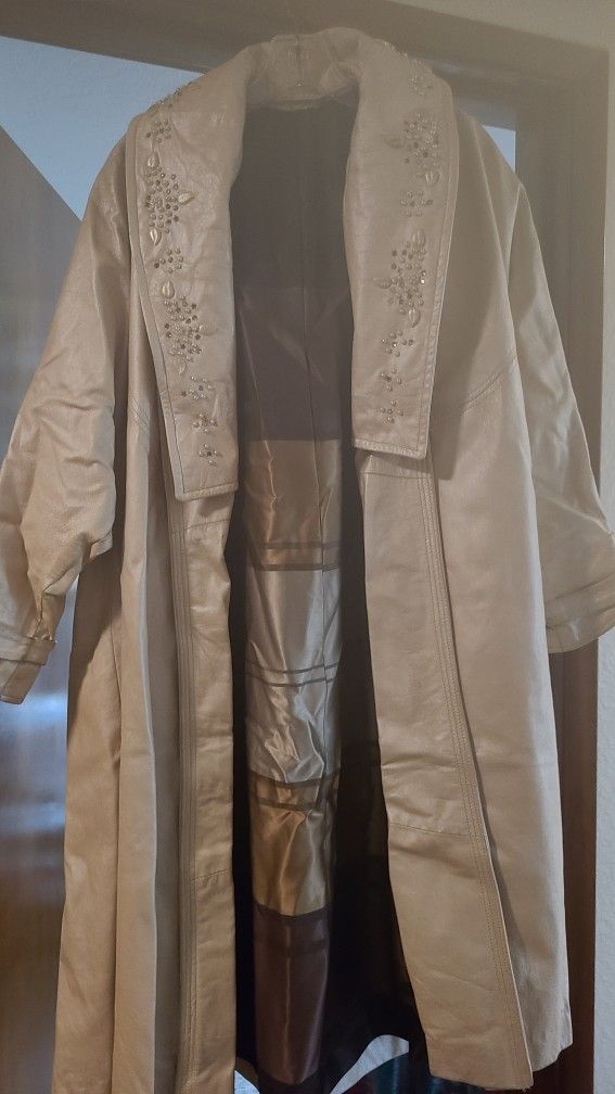 Leather Wrap Coat W/bejeweled Lapel