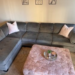Gray Sectional Couch With Pink Ottoman