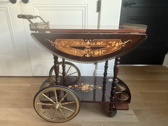 Vintage Italian Marquetry Inlaid Wood Two-Tier Drop-Leaf Bar Cart