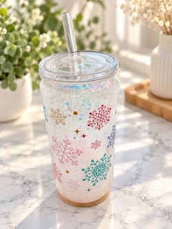 Snowflake Glitter Tumbler with Straw and Lid