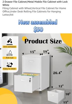 😀 2 Drawer Rolling File Cabinet with Lock for Home Office Metal Mobile Filing Cabinet on Wheels, Small Under Desk Storage, Fits Hanging Letter Size, 