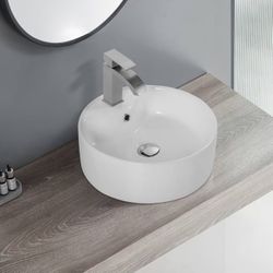 1094-Rectangular Countertop Ceramic Vessel Sinks,Above Counter White Stone Resin Small Vanity Sink, with Pop-up Drain (White1)