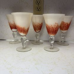 SET OF 5 Vintage Mid Century Hand Blown Art Glass Wine Water Goblet