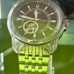 Bulova Automatic 21 Jewel Open Heart Skeleton Black Dial Men’s Watch 