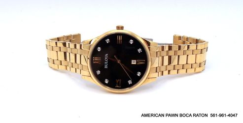 Bulova Gold tone Black Diamond Dial Date Watch 40 MM 97D108 Men's Classic Watch 