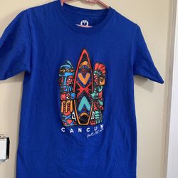 Blue Cancun Mexico T-Shirt Size S Tropical Relax Vacation Cotton Short Sleeve Tee