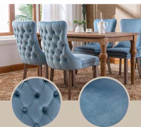 Modern Tufted Upholstered Dining Chairs with Full Back Set of 2, Light Blue Velvet Dining Room Chair with Solid Wood Legs, Sillas de Comedor, Kitchen 