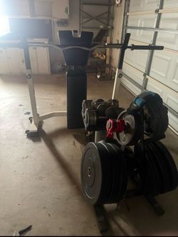 Weight set bench Olympic bar weights dumbbells
