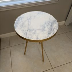 Side Table With Gold Details And Marble Like Design 