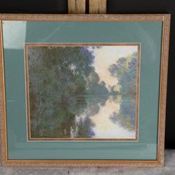 Framed Impressionist Landscape Art Print Monet Style River Reflection 15x14