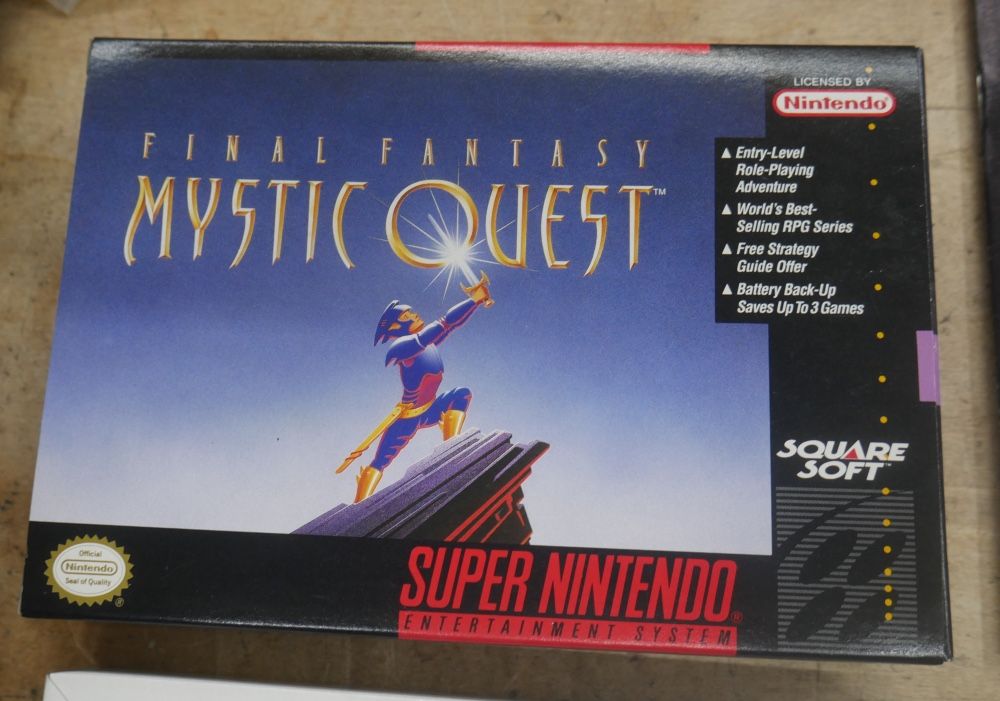 Final Fantasy Mystic Quest (Super Nintendo SNES) Complete in Box w/ Map open box.