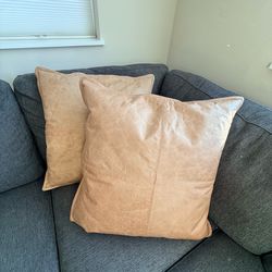 Set of 4 beautiful light tan leather and fabric pillows