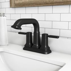 Kohler Ealing Matte Black 2-Handle 4-in centerset WaterSense Mid-arc Bathroom Sink Faucet with Drain K-R33043-4D-BL