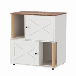 Double Cat Litter Box Enclosure Furniture – 2-Tier Hidden Litter Cabinet with Marking Post, Odor Control, Dual Mats, Dog-Proof, Multi-Cat Condo, End T