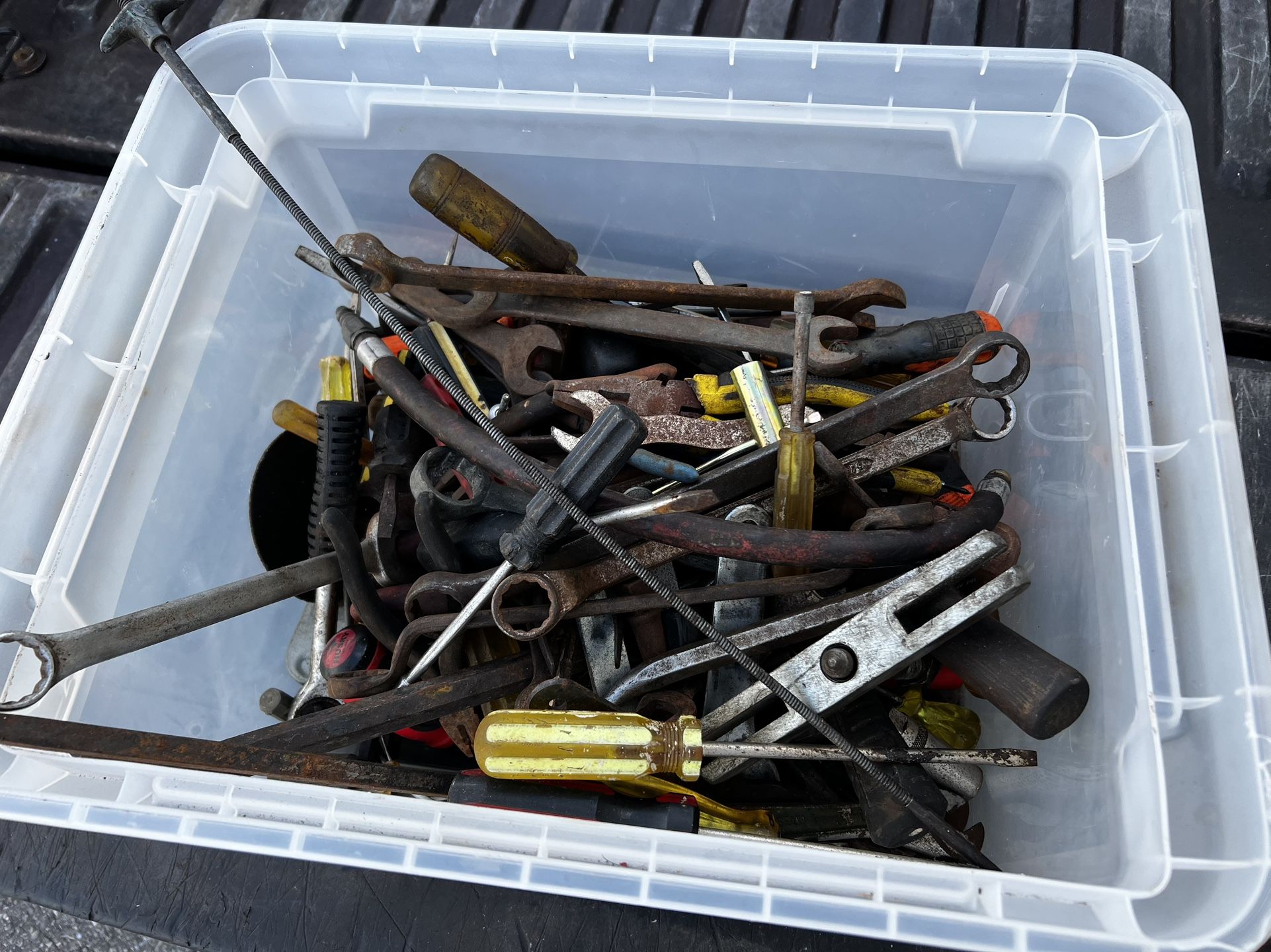 Vintage Bucket of Hand Tools, Screwdrivers, Hammers, Chisels, Wrenches etc. 