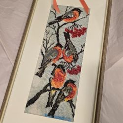 Hand-made Beaded Embroidery Of Bullfinches Framed