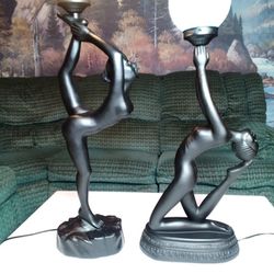 2 Vintage MCM Art Deco Nude Lady Sculpture Globe Table Lamps Black 28,33" Dancer