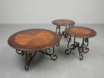 3-Piece Tuscan / Mediterranean Coffee & End Table Set (Real Wood & Wrought Iron)