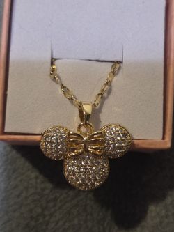 Rhinestone Encrusted Gold Tone Over Stainless Steel Mickey Mouse Pendant With Chain