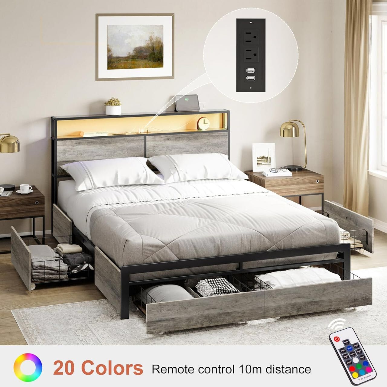 LED Bed Frame Full/Queen/King Size with Headboard & 4 Storage Drawers Platform Bed Frame with 2 Charging Outlets and 2 USB Ports Strong Metal Slats Su