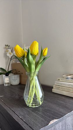 Fake Yellow Tulips (5ct)  In a Glass Vase