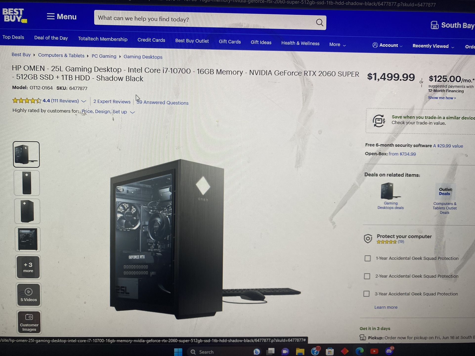HP OMEN - 25L Gaming Desktop - Intel Core i7-10700 - 16GB Memory 