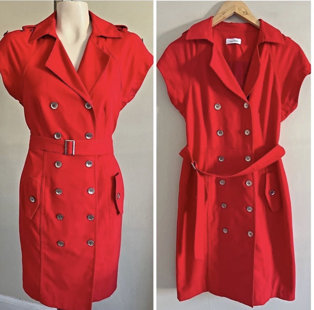 Calvin Klein Double Breasted Ferrari Red Shirt Dress with Bold Gold Buttons