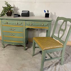 French Provincial Desk - Green - Gold Accents