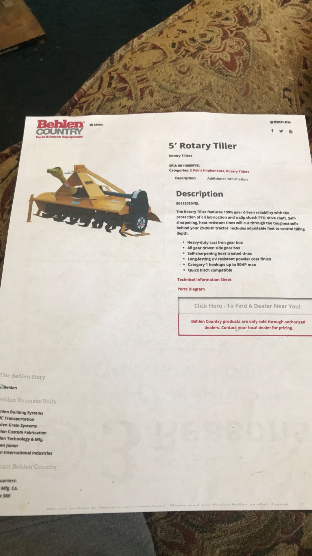 Behlen 5ft Rotary tiller 3pt