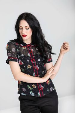 Hell Bunny Lovebird Retro 50s Rockabilly Sheer Tattoo Prints Blouse Size XL