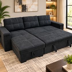 Black Sectional Sleeper Sofa with Pull-Out Bed