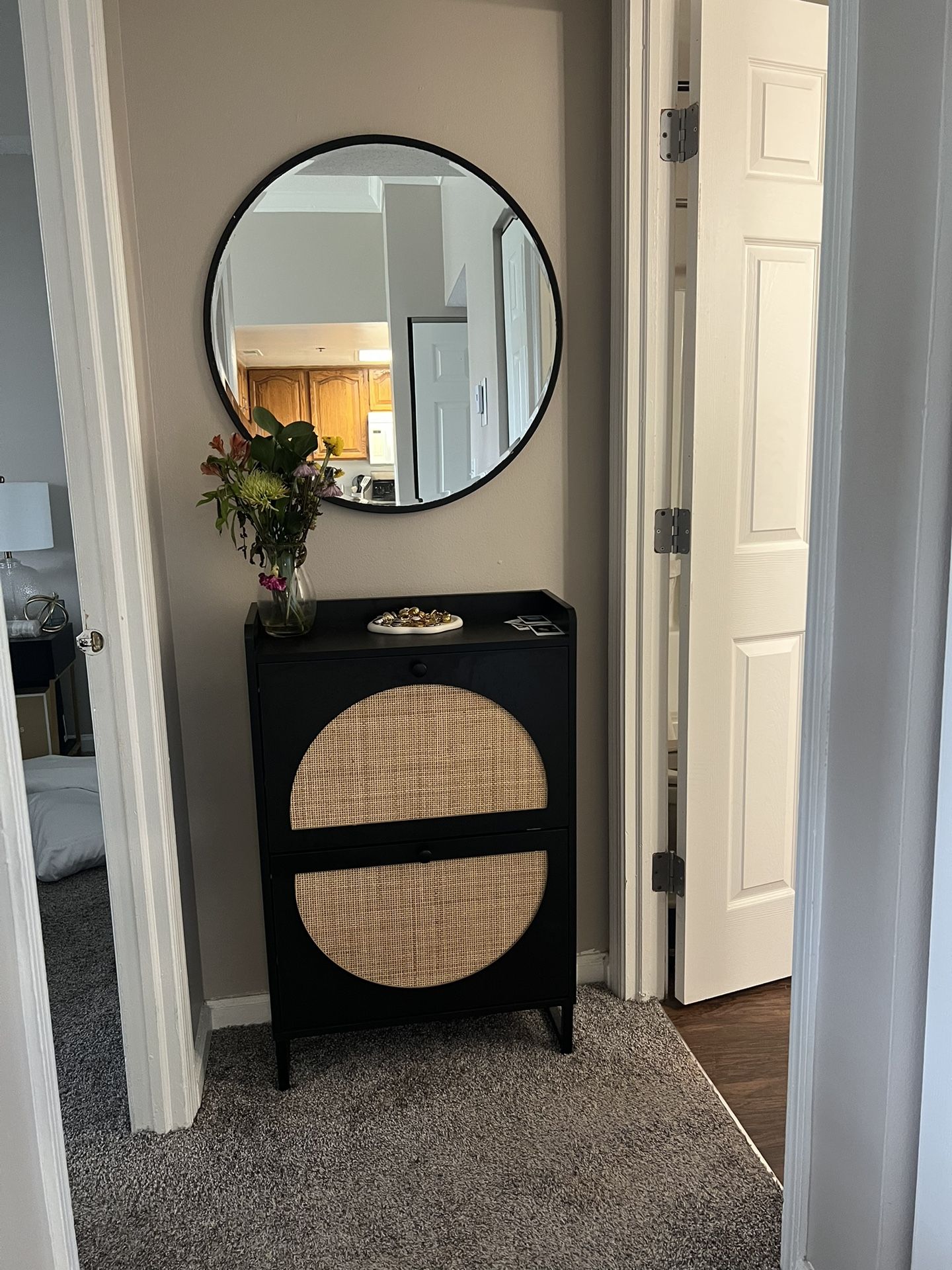 Entry / Small Cabinet With Shoe Storage + Circle Mirror