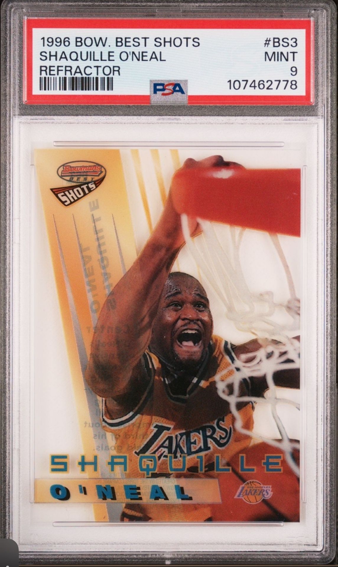 1996-97 Bowman’s Best -Best Shots INSERT/PARALLEL CARD #BS3 SHAQUILLE O’NEAL - RARE REFRACTOR PARALLEL - GRADED PSA 9 MINT CONDITION!💎