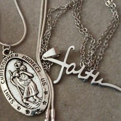2 necklace 1with Saint Christopher Medal 1 With Faith Charm In Perfect Condition 