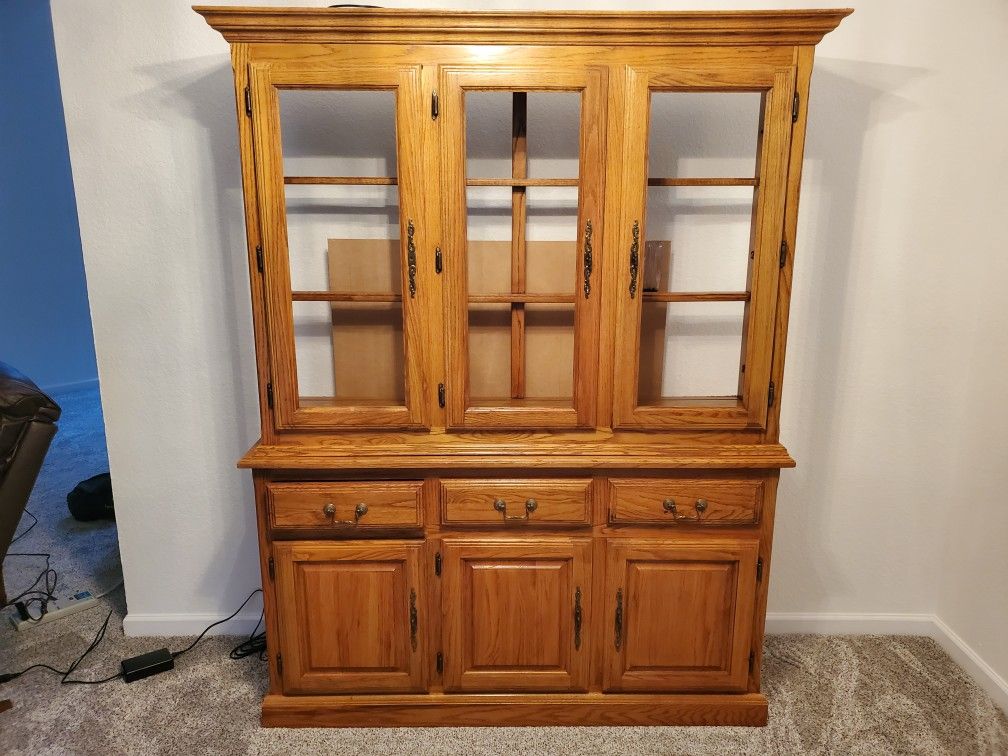 Solid Oak Lighted China Hutch