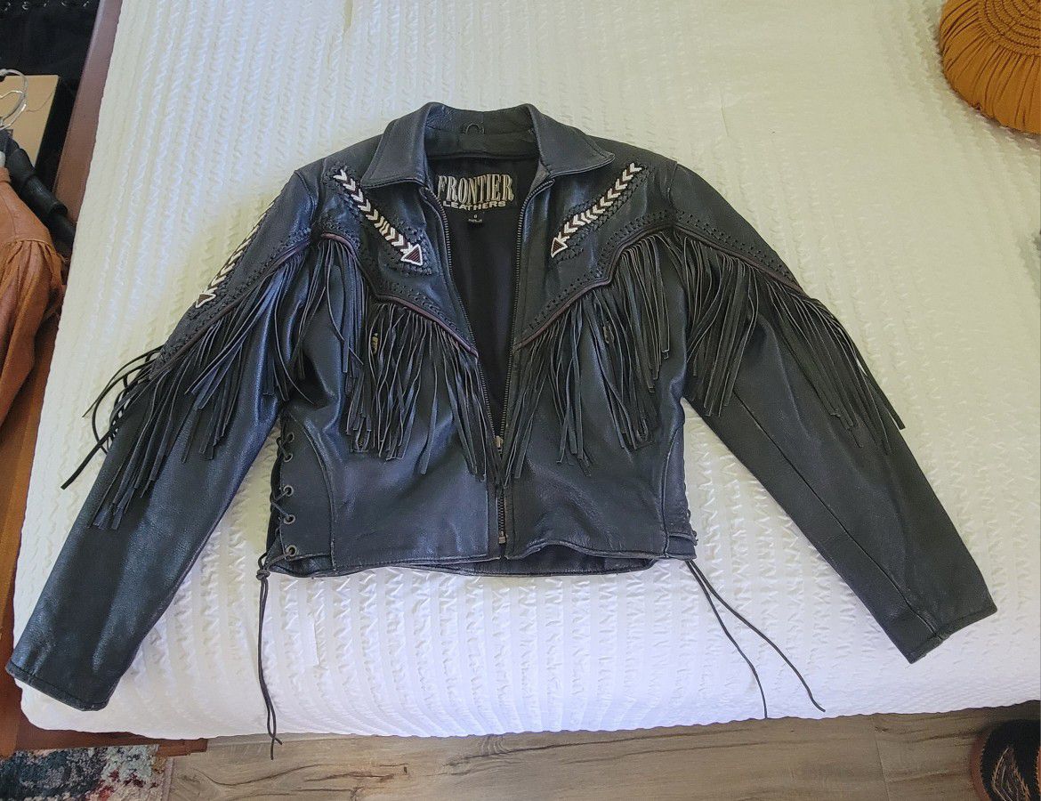 Vintage Black Leather Fringed & Beaded Jacket
